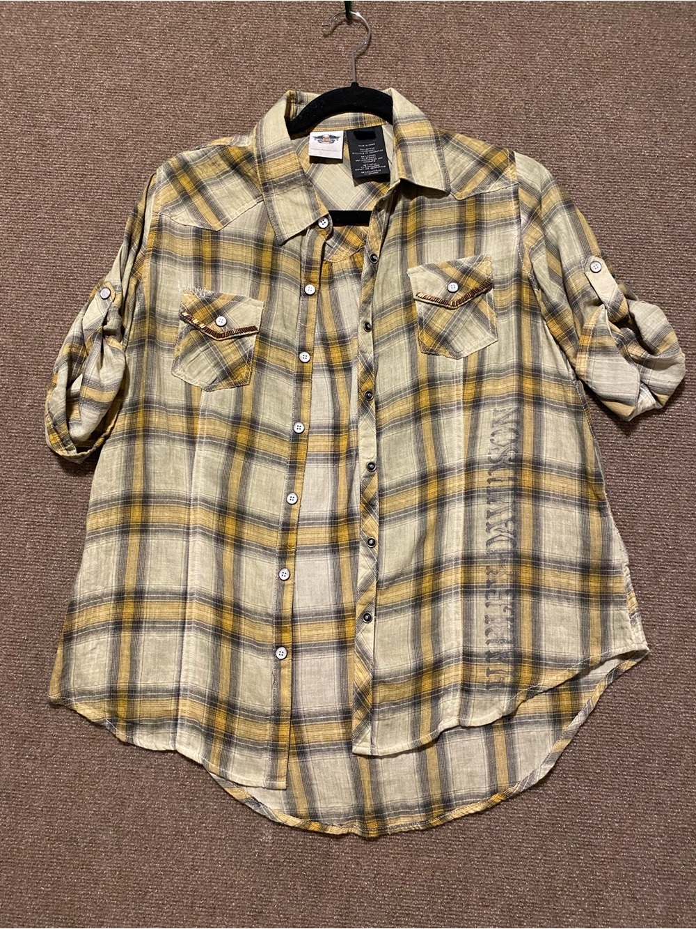 Harley-Davidson Women’s Yellow Plaid Button Up Roll Tab Sleeve Back Graphic M